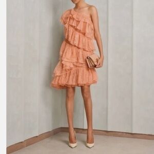 Ulla Johnson Leonie Peach Ruffle Lace Romantic Frilly One Shoulder Mini Dress 4